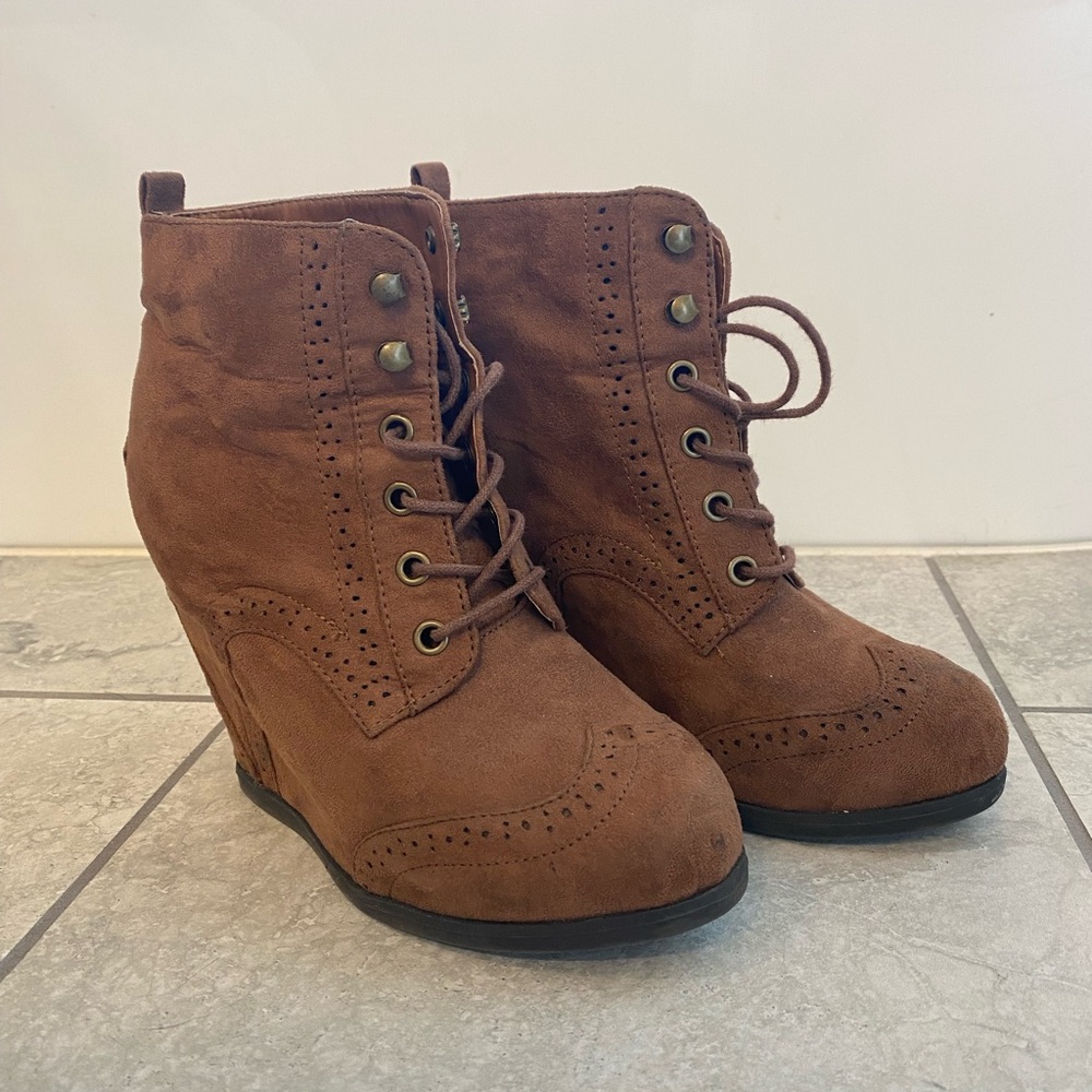 Brown suede wedge boots